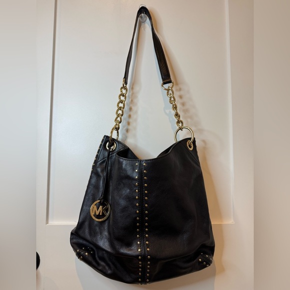 Michael Kors Uptown Astor Black Gold Studded Leather Carryall Large Tote Bag - Picture 3 of 9